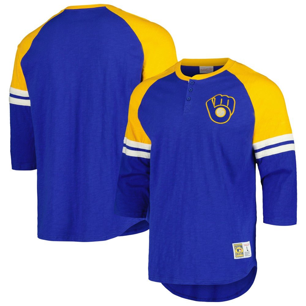 Milwaukee Brewers Mitchell & Ness Cooperstown Collection Legendary Raglan Slub Henley 3/4-Sleeve T-Shirt - Royal T-shirts
