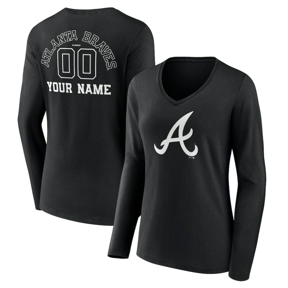 Atlanta Braves Women's Monochrome Personalized Name & Number Long Sleeve V-Neck T-Shirt - Black T-shirts