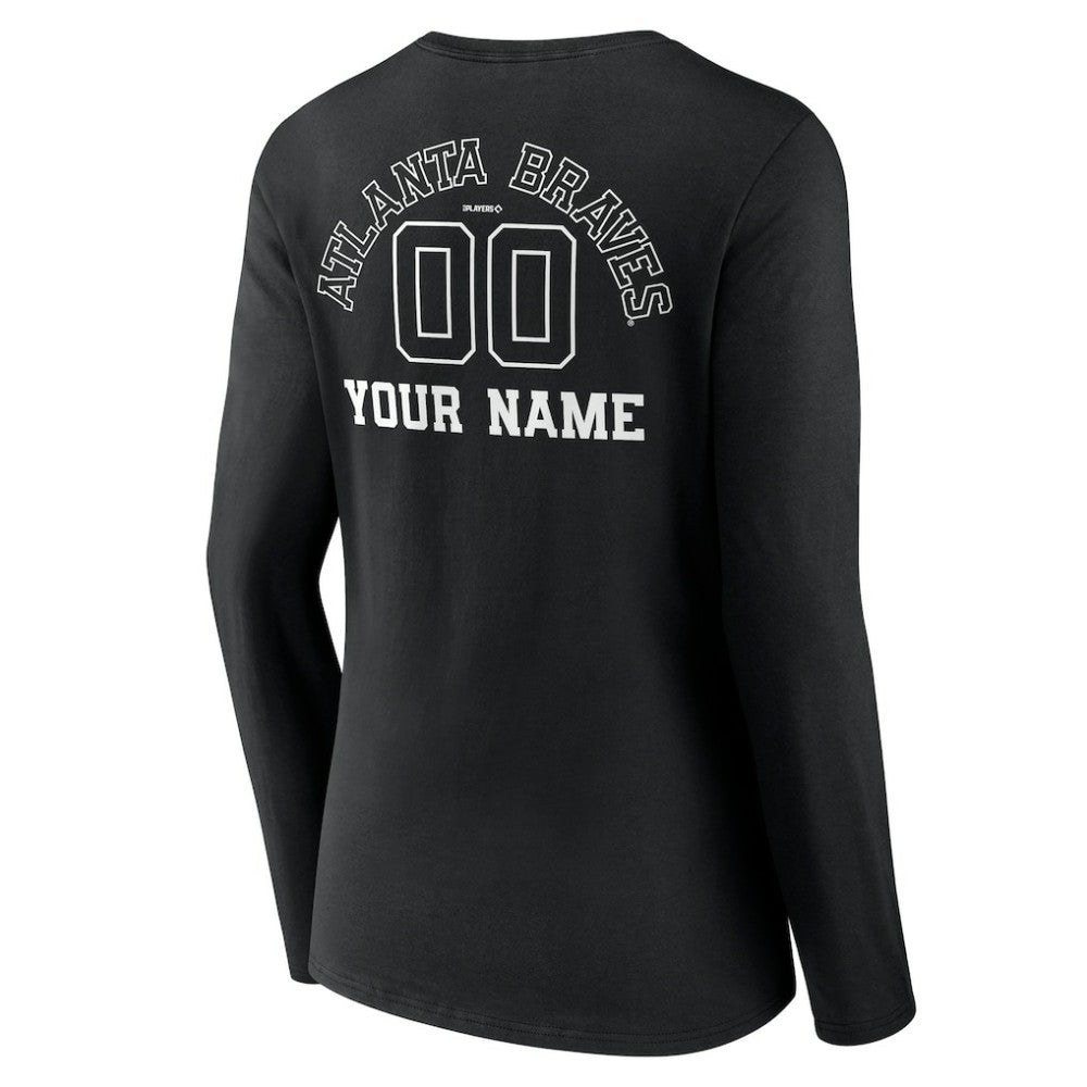 Atlanta Braves Women's Monochrome Personalized Name & Number Long Sleeve V-Neck T-Shirt - Black T-shirts