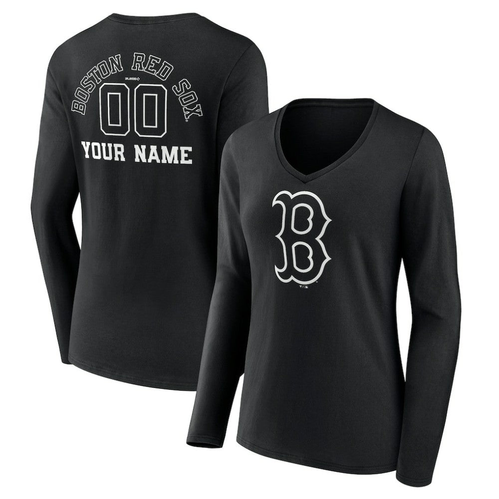 Boston Red Sox Women's Monochrome Personalized Name & Number Long Sleeve V-Neck T-Shirt - Black T-shirts