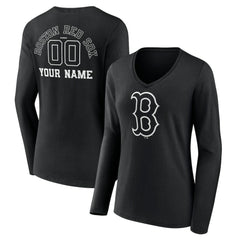 Boston Red Sox Women's Monochrome Personalized Name & Number Long Sleeve V-Neck T-Shirt - Black T-shirts