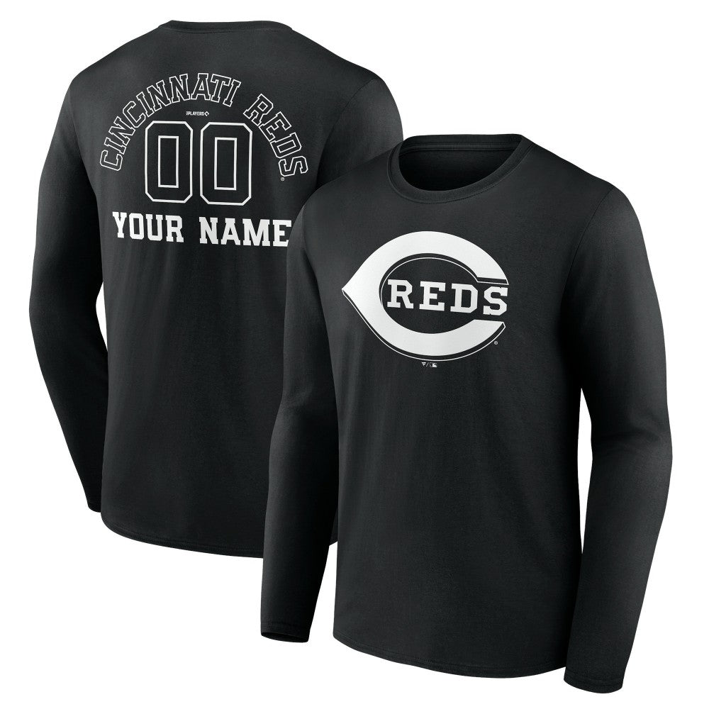 Cincinnati Reds Monochrome Personalized Name & Number Long Sleeve T-Shirt - Black T-shirts