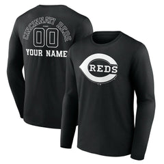 Cincinnati Reds Monochrome Personalized Name & Number Long Sleeve T-Shirt - Black T-shirts