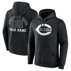 Cincinnati Reds Monochrome Personalized Name & Number Pullover Hoodie - Black Hoodies