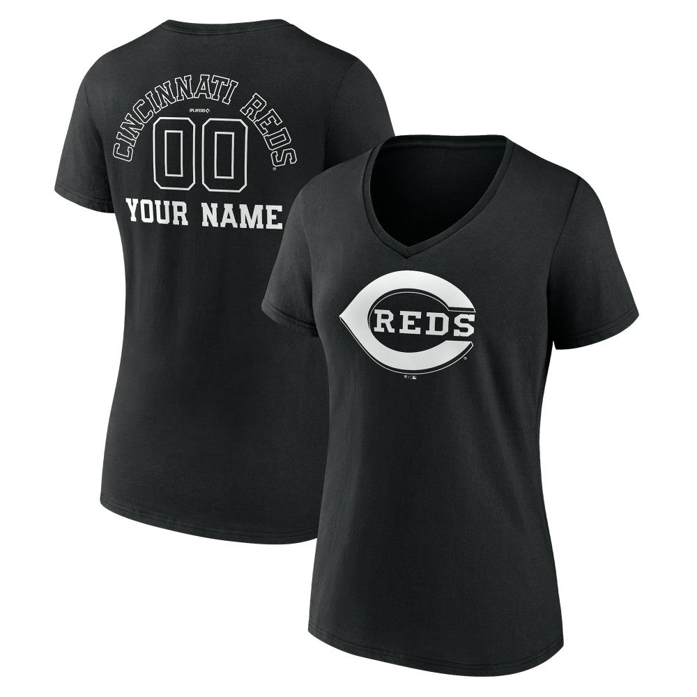 Cincinnati Reds Women's Monochrome Personalized Name & Number V-Neck T-Shirt - Black T-shirts