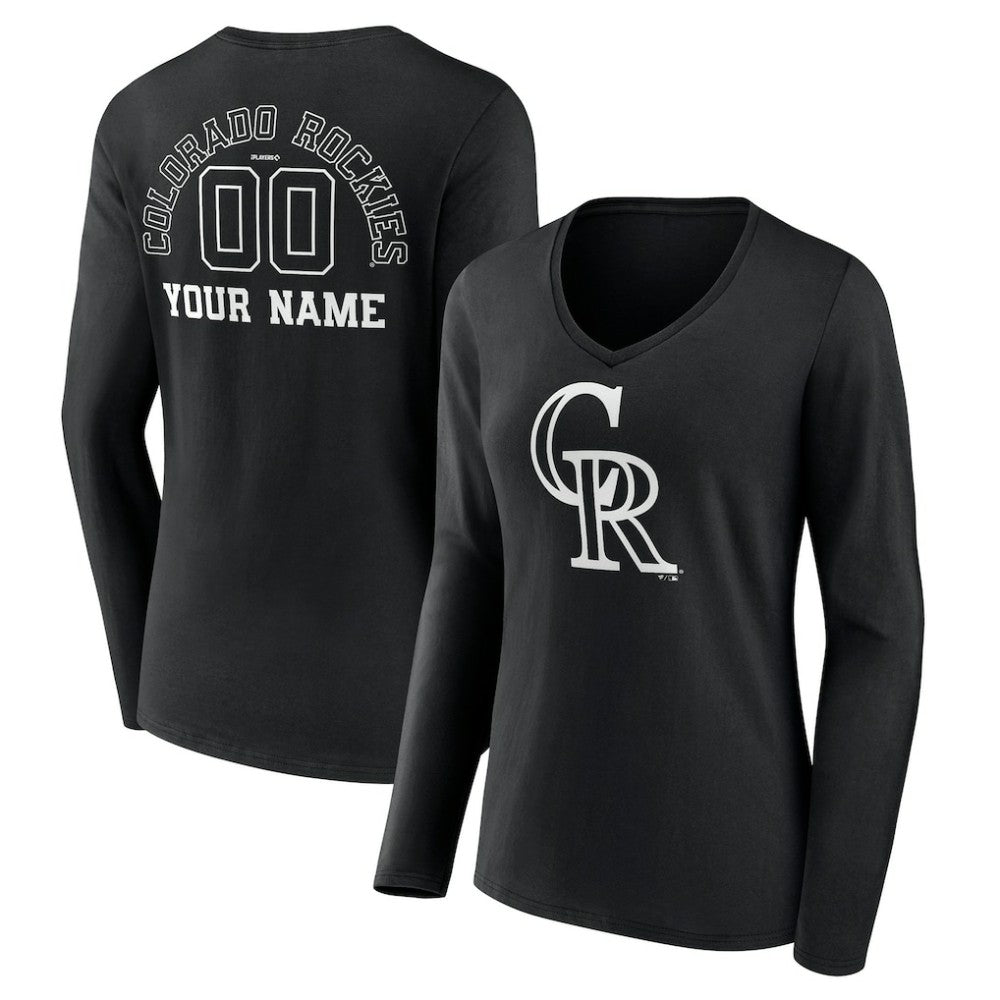 Colorado Rockies Women's Monochrome Personalized Name & Number Long Sleeve V-Neck T-Shirt - Black T-shirts