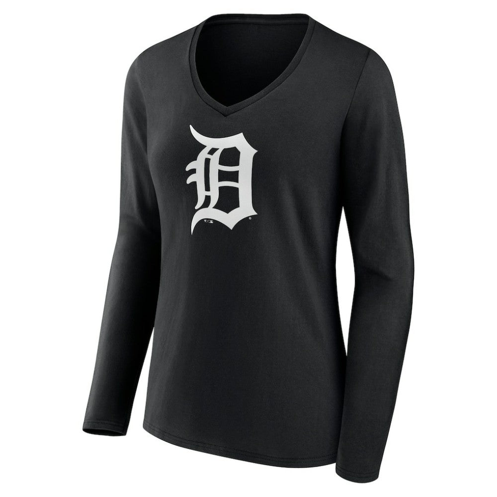 Detroit Tigers Women's Monochrome Personalized Name & Number Long Sleeve V-Neck T-Shirt - Black T-shirts