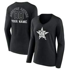 Houston Astros Women's Monochrome Personalized Name & Number Long Sleeve V-Neck T-Shirt - Black T-shirts