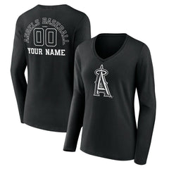 Los Angeles Angels Women's Monochrome Personalized Name & Number Long Sleeve V-Neck T-Shirt - Black T-shirts