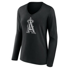 Los Angeles Angels Women's Monochrome Personalized Name & Number Long Sleeve V-Neck T-Shirt - Black T-shirts