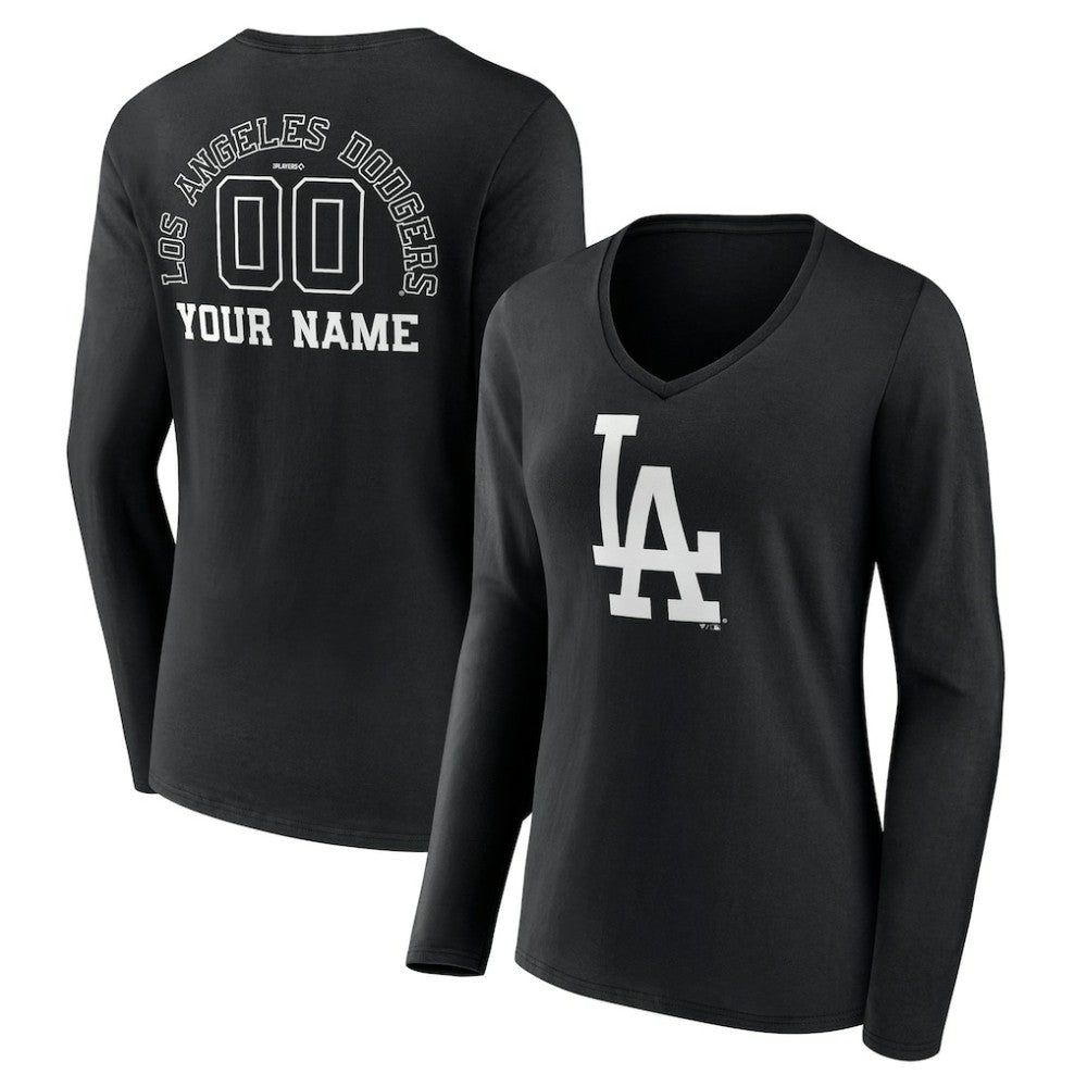 Los Angeles Dodgers Women's Monochrome Personalized Name & Number Long Sleeve V-Neck T-Shirt - Black T-shirts