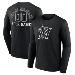 Miami Marlins Monochrome Personalized Name & Number Long Sleeve T-Shirt - Black T-shirts