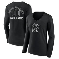 Miami Marlins Women's Monochrome Personalized Name & Number Long Sleeve V-Neck T-Shirt - Black T-shirts