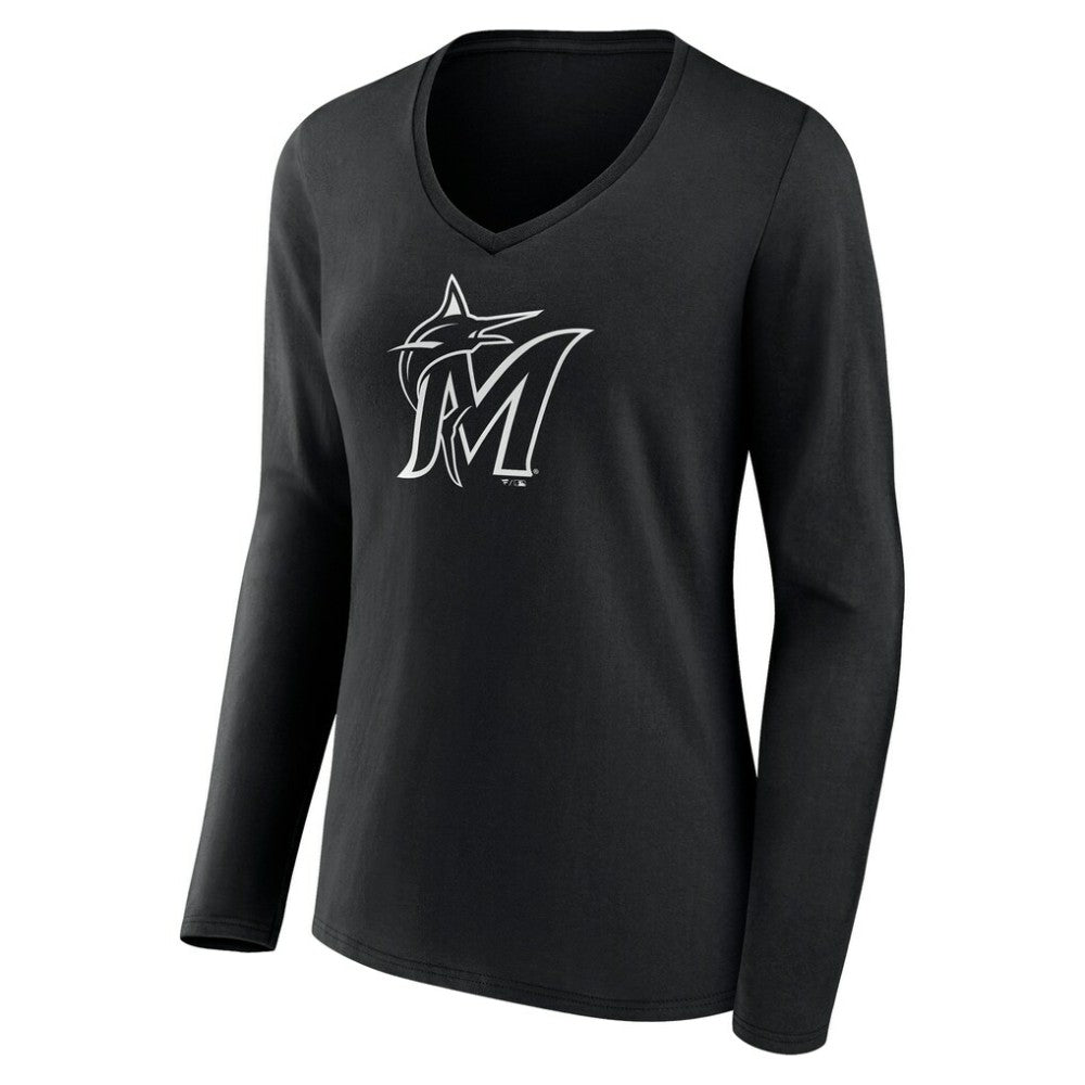 Miami Marlins Women's Monochrome Personalized Name & Number Long Sleeve V-Neck T-Shirt - Black T-shirts