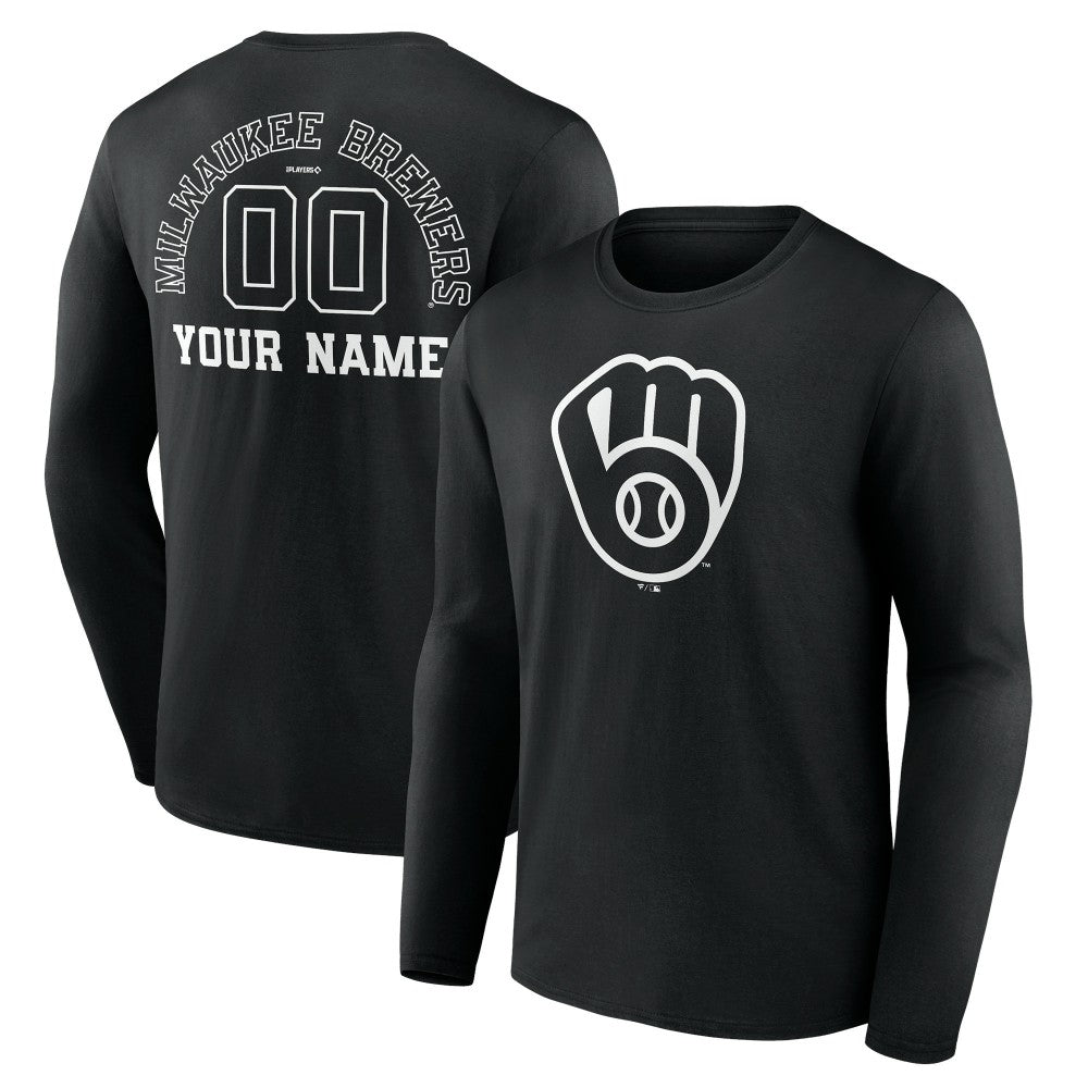 Milwaukee Brewers Monochrome Personalized Name & Number Long Sleeve T-Shirt - Black T-shirts