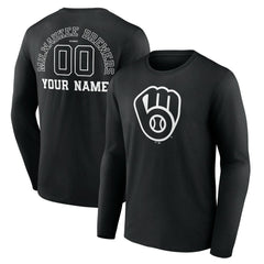 Milwaukee Brewers Monochrome Personalized Name & Number Long Sleeve T-Shirt - Black T-shirts