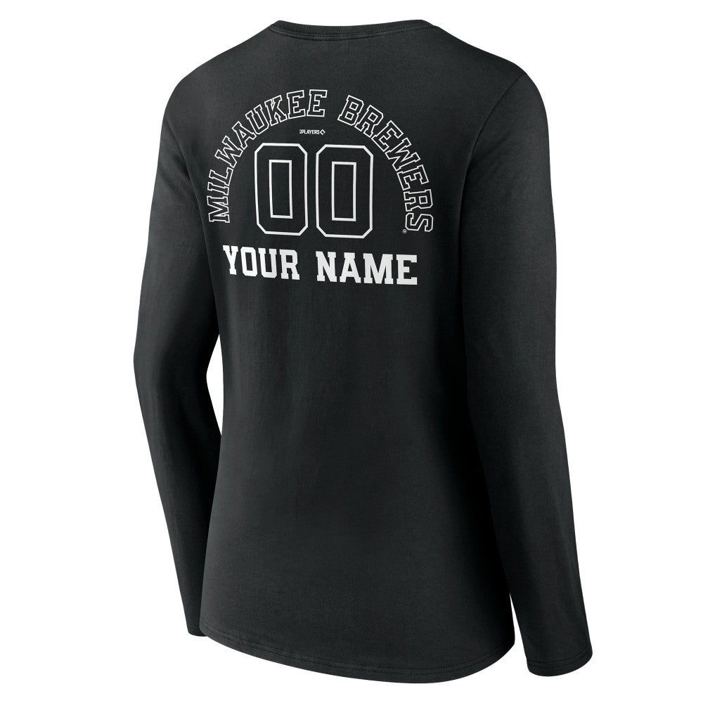 Milwaukee Brewers Women's Monochrome Personalized Name & Number Long Sleeve V-Neck T-Shirt - Black T-shirts