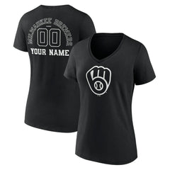 Milwaukee Brewers Women's Monochrome Personalized Name & Number V-Neck T-Shirt - Black T-shirts