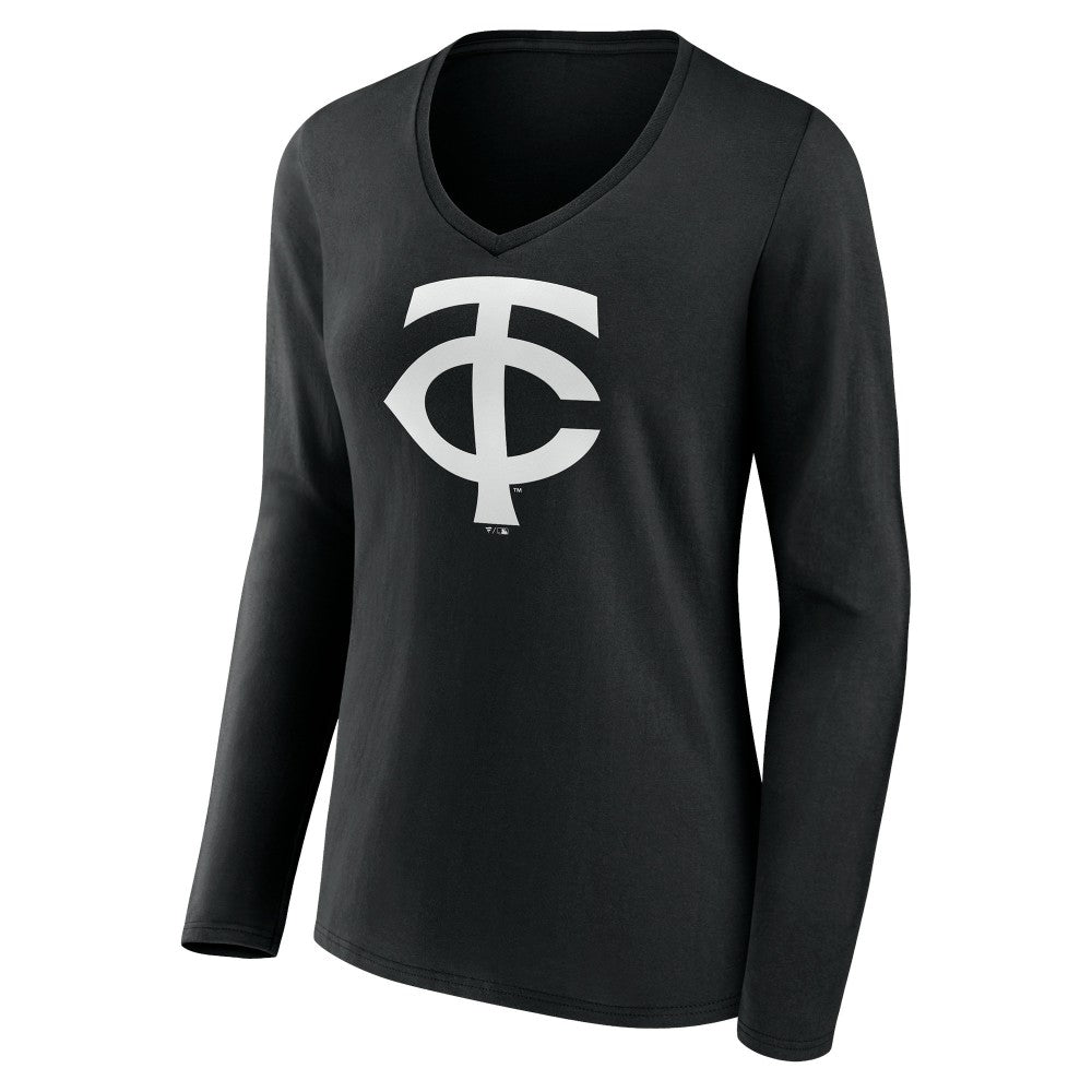 Minnesota Twins Women's Monochrome Personalized Name & Number Long Sleeve V-Neck T-Shirt - Black T-shirts