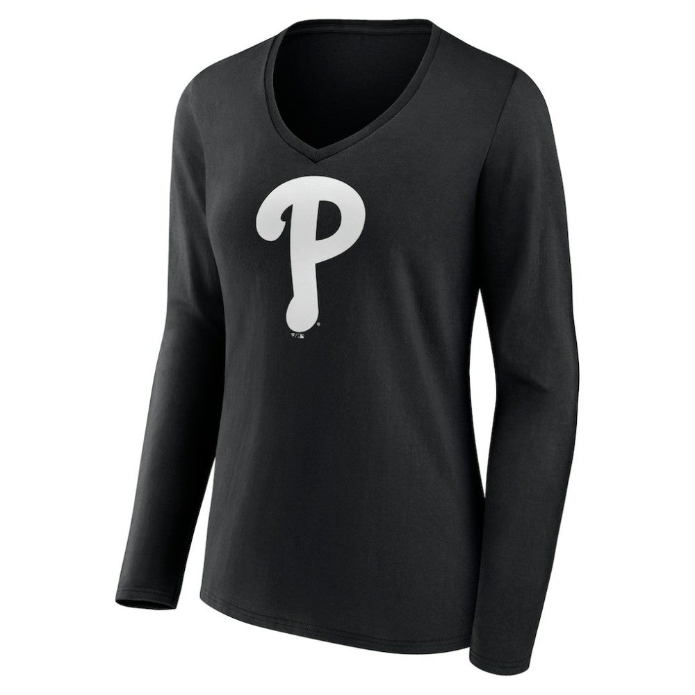 Philadelphia Phillies Women's Monochrome Personalized Name & Number Long Sleeve V-Neck T-Shirt - Black T-shirts