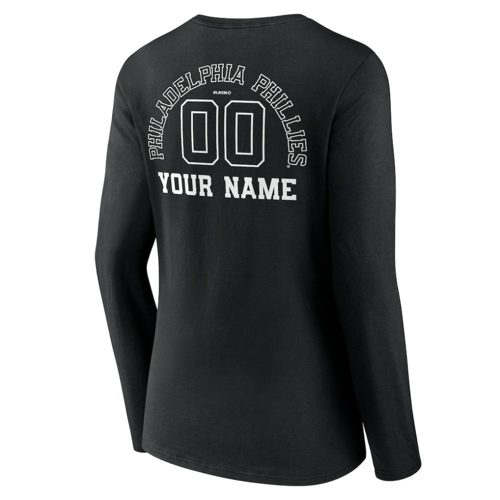 Philadelphia Phillies Women's Monochrome Personalized Name & Number Long Sleeve V-Neck T-Shirt - Black T-shirts