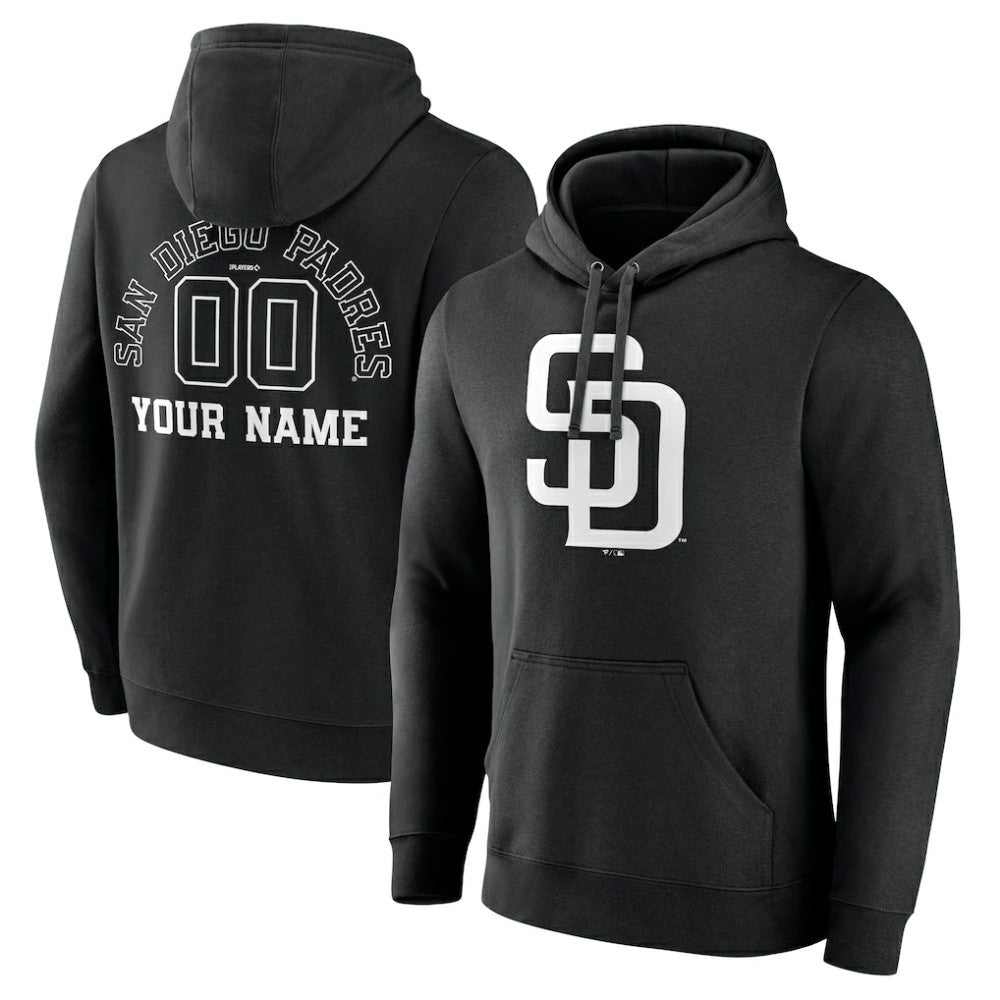 San Diego Padres Monochrome Personalized Name & Number Pullover Hoodie - Black Hoodies