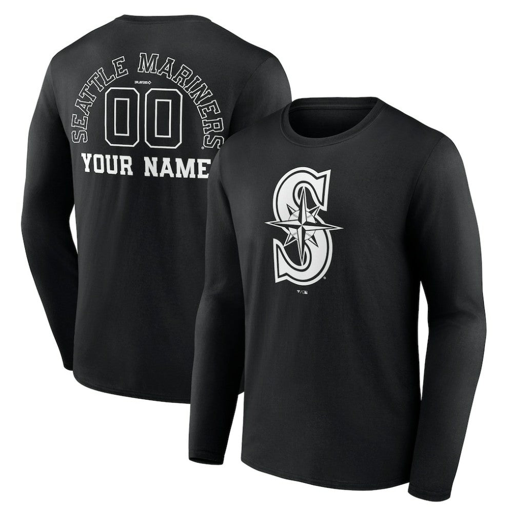 Seattle Mariners Monochrome Personalized Name & Number Long Sleeve T-Shirt - Black T-shirts