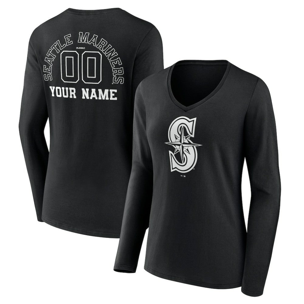 Seattle Mariners Women's Monochrome Personalized Name & Number Long Sleeve V-Neck T-Shirt - Black T-shirts