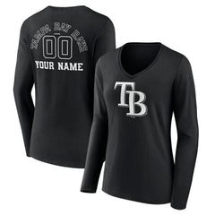 Tampa Bay Rays Women's Monochrome Personalized Name & Number Long Sleeve V-Neck T-Shirt - Black T-shirts