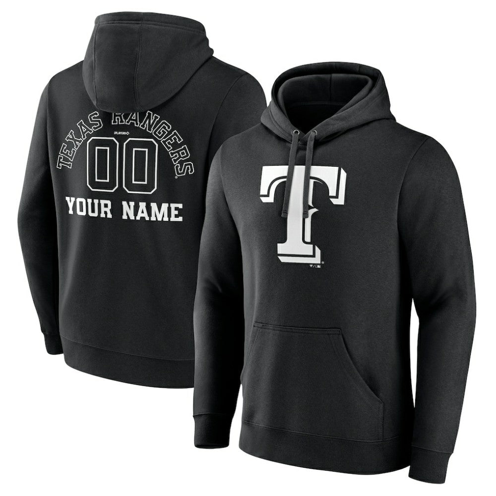 Texas Rangers Monochrome Personalized Name & Number Pullover Hoodie - Black Hoodies