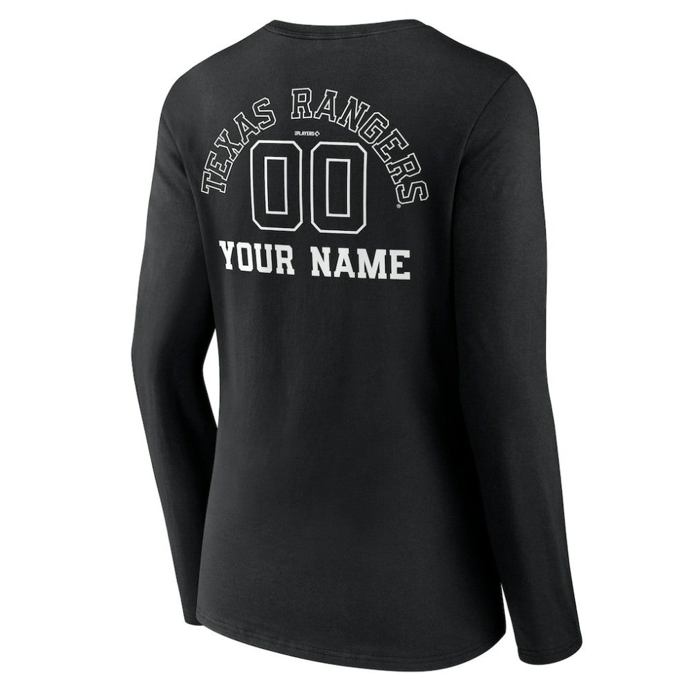 Texas Rangers Women's Monochrome Personalized Name & Number Long Sleeve V-Neck T-Shirt - Black T-shirts