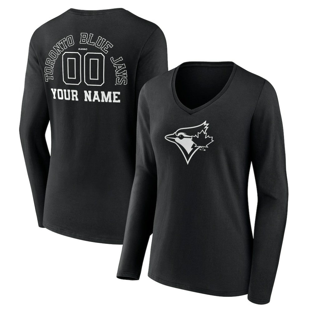 Toronto Blue Jays Women's Monochrome Personalized Name & Number Long Sleeve V-Neck T-Shirt - Black T-shirts
