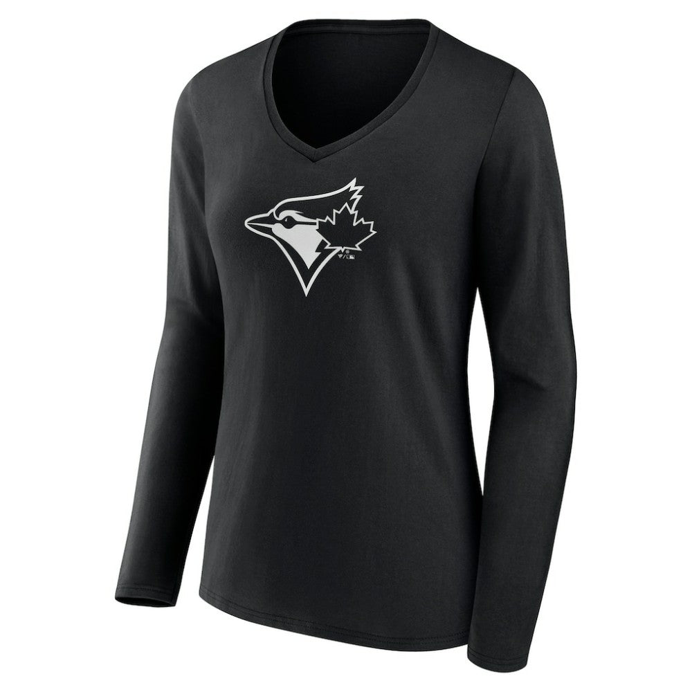 Toronto Blue Jays Women's Monochrome Personalized Name & Number Long Sleeve V-Neck T-Shirt - Black T-shirts