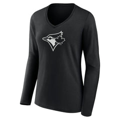 Toronto Blue Jays Women's Monochrome Personalized Name & Number Long Sleeve V-Neck T-Shirt - Black T-shirts