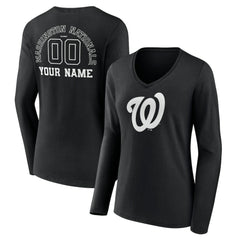 Washington Nationals Women's Monochrome Personalized Name & Number Long Sleeve V-Neck T-Shirt - Black T-shirts