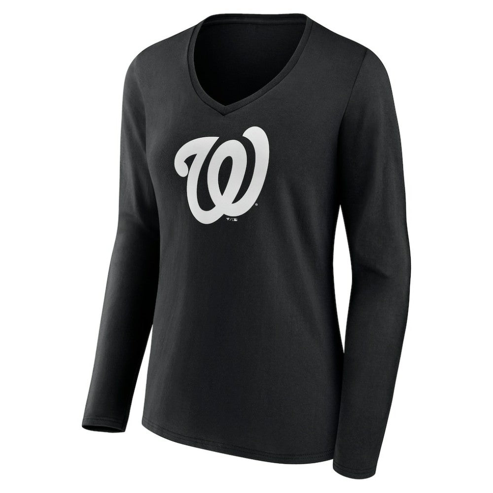 Washington Nationals Women's Monochrome Personalized Name & Number Long Sleeve V-Neck T-Shirt - Black T-shirts