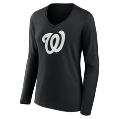 Washington Nationals Women's Monochrome Personalized Name & Number Long Sleeve V-Neck T-Shirt - Black T-shirts