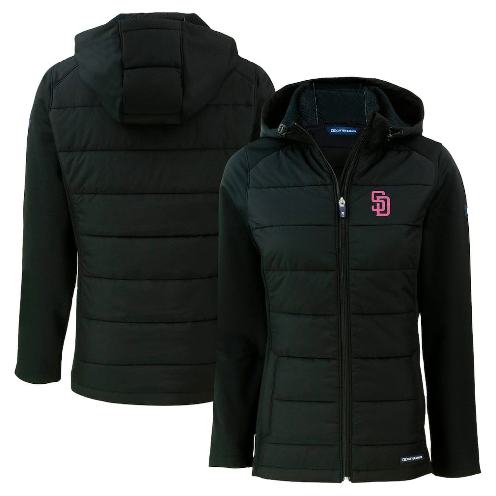 San Diego Padres Cutter & Buck Women's City Connect Evoke Hybrid Eco Softshell Recycled Full-Zip Hoodie Jacket - Black Jackets