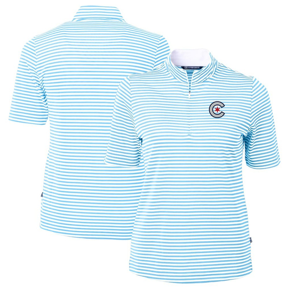Chicago Cubs Cutter & Buck Women's City Connect Virtue Eco Pique Stripe Recycled Top - Powder Blue Tops
