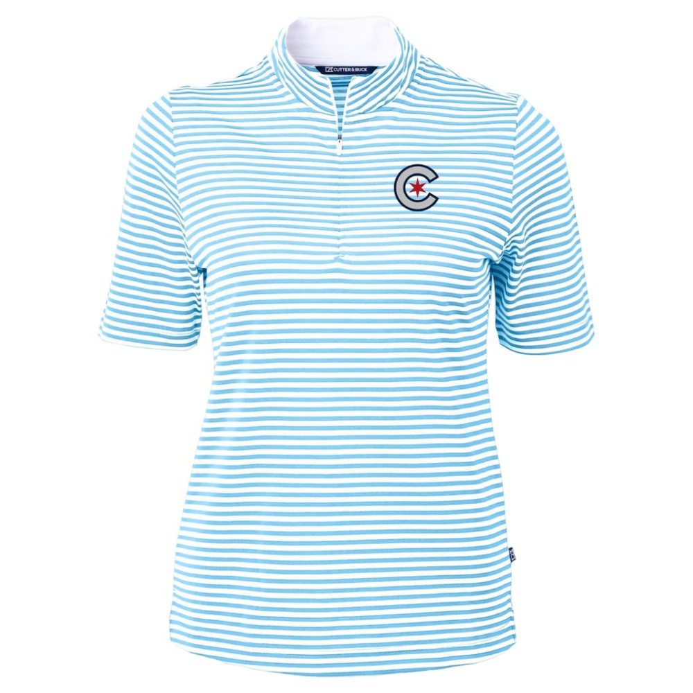 Chicago Cubs Cutter & Buck Women's City Connect Virtue Eco Pique Stripe Recycled Top - Powder Blue Tops