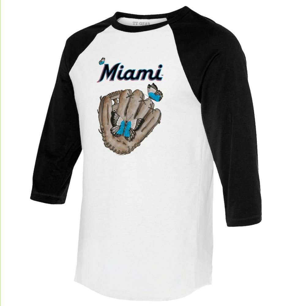 Miami Marlins Tiny Turnip Unisex Butterfly Glove 3/4-Sleeve Raglan T-Shirt - White/Black T-shirts