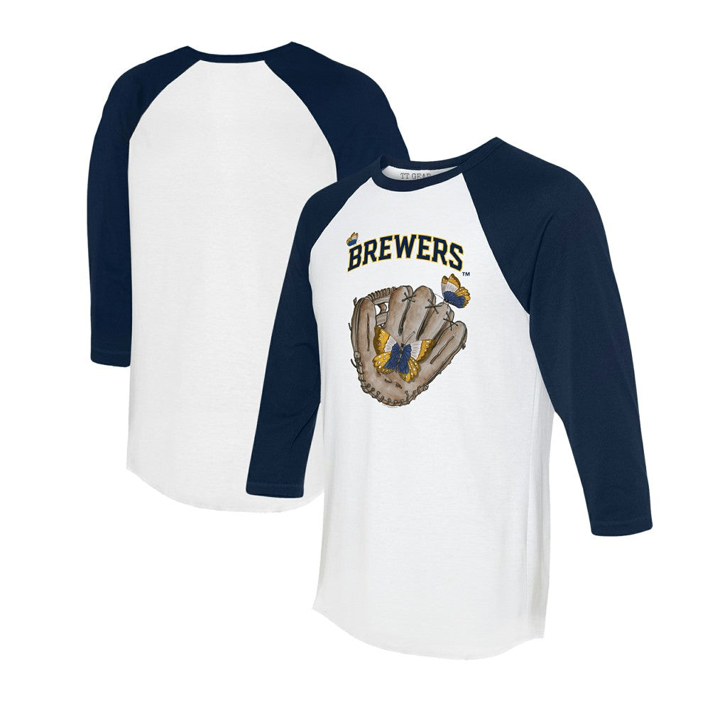 Milwaukee Brewers Tiny Turnip Unisex Butterfly Glove 3/4-Sleeve Raglan T-Shirt - White/Navy T-shirts