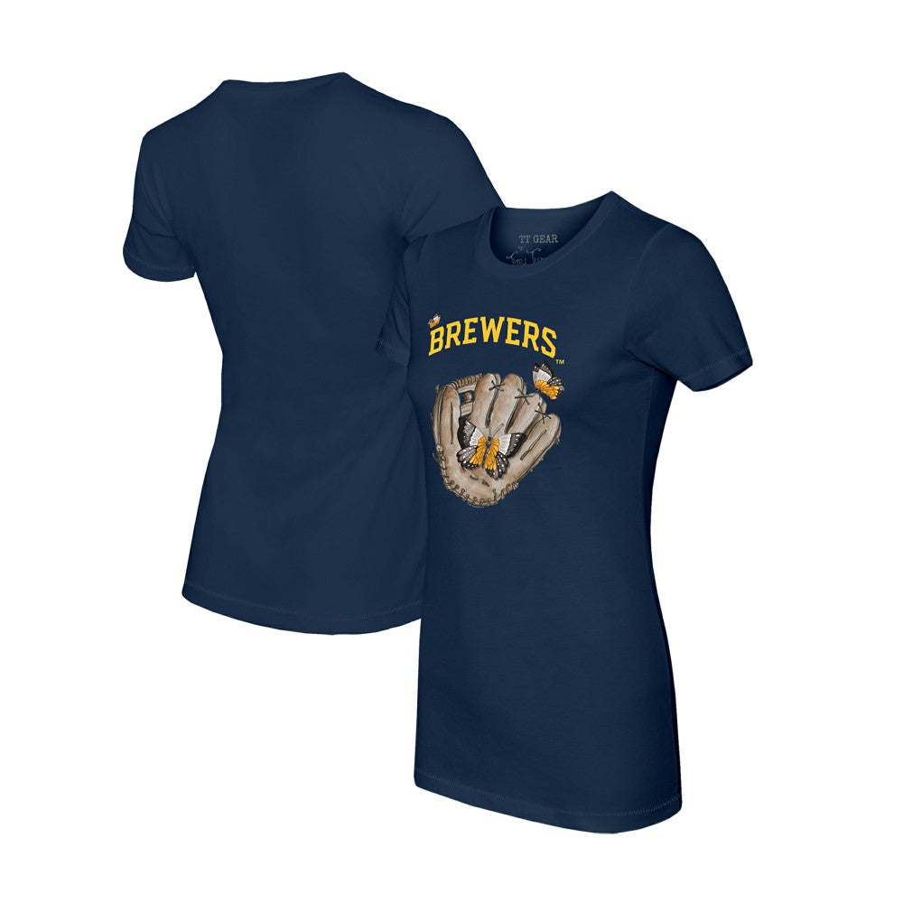 Milwaukee Brewers Tiny Turnip Women's Butterfly Glove T-Shirt - Navy T-shirts