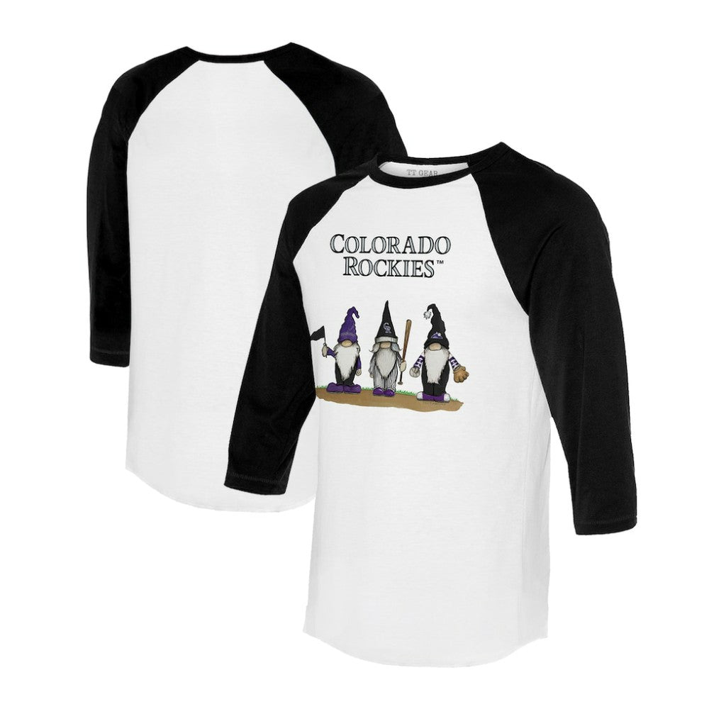 Colorado Rockies Tiny Turnip Unisex Gnomes 3/4-Sleeve Raglan T-Shirt - White/Black T-shirts