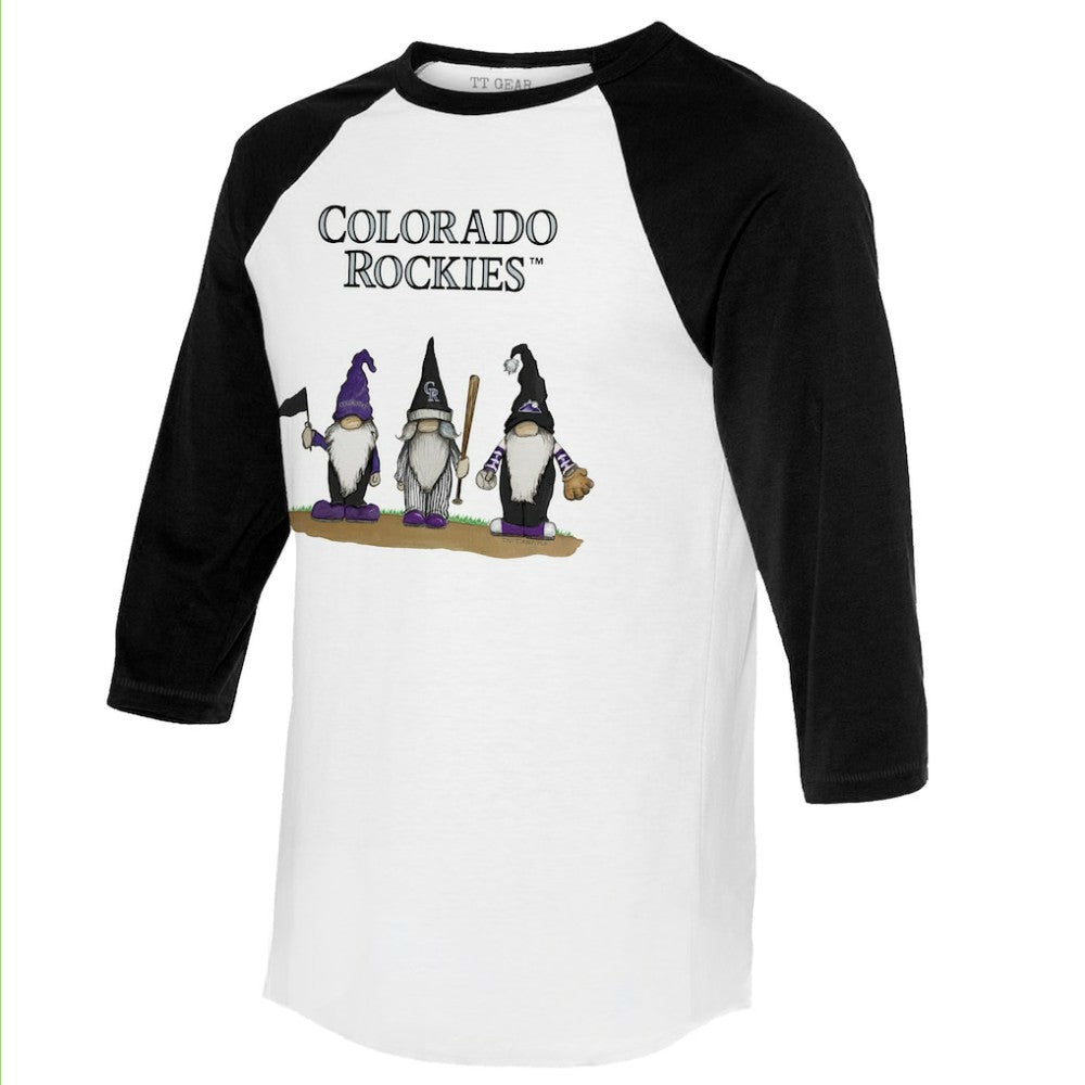 Colorado Rockies Tiny Turnip Unisex Gnomes 3/4-Sleeve Raglan T-Shirt - White/Black T-shirts