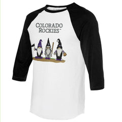 Colorado Rockies Tiny Turnip Unisex Gnomes 3/4-Sleeve Raglan T-Shirt - White/Black T-shirts