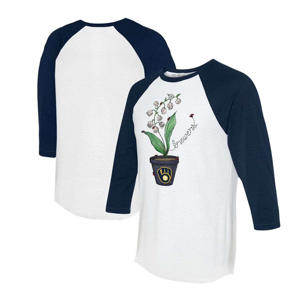Milwaukee Brewers Tiny Turnip Unisex Lilies & Ladybugs 3/4-Sleeve Raglan T-Shirt - White/Navy T-shirts