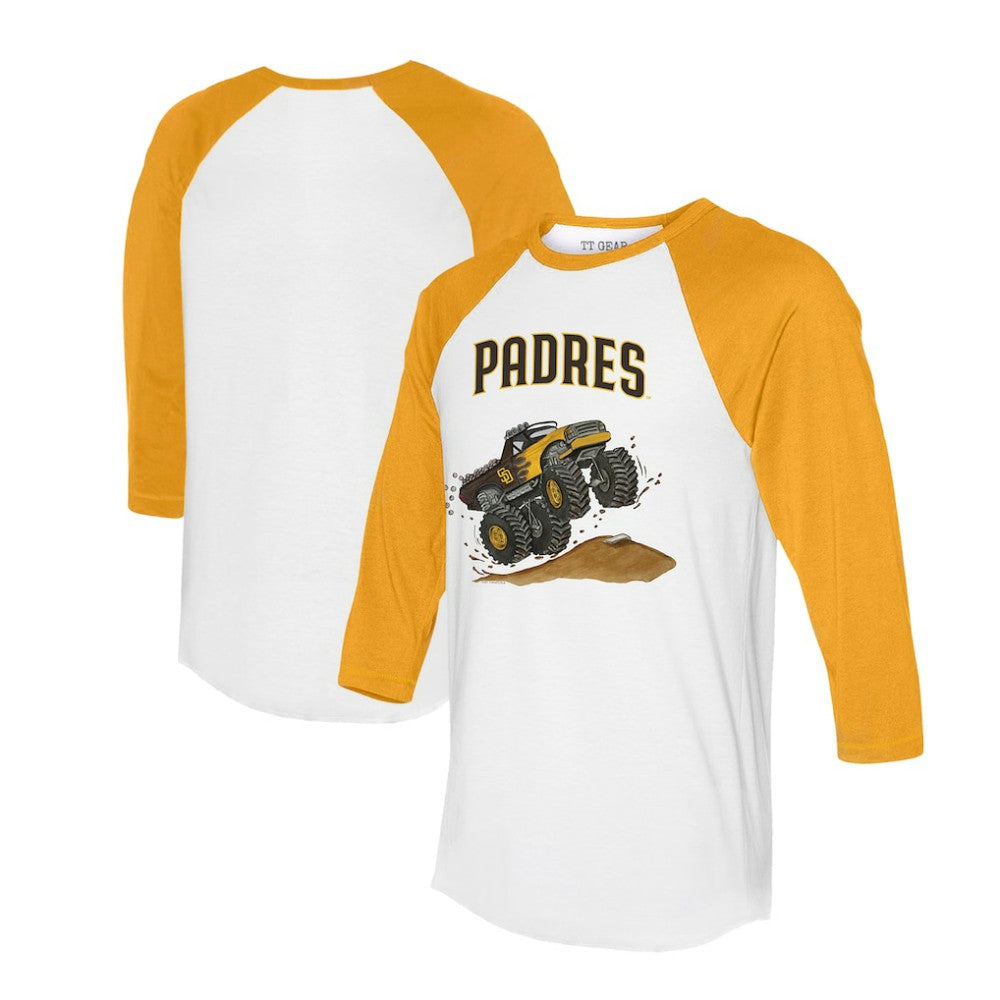 San Diego Padres Tiny Turnip Unisex Monster Truck 3/4-Sleeve Raglan T-Shirt - White/Gold T-shirts