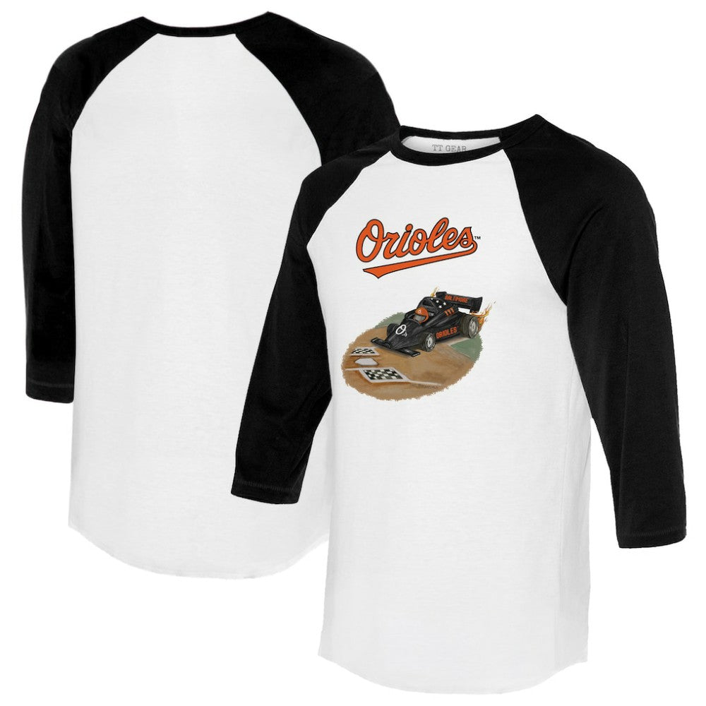 Baltimore Orioles Tiny Turnip Unisex Race Car 3/4-Sleeve Raglan T-Shirt - White/Black T-shirts
