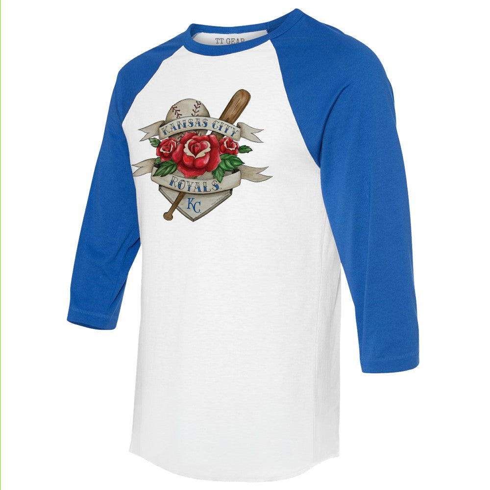 Kansas City Royals Tiny Turnip Unisex Tattoo Rose 3/4-Sleeve Raglan T-Shirt - White/Royal T-shirts